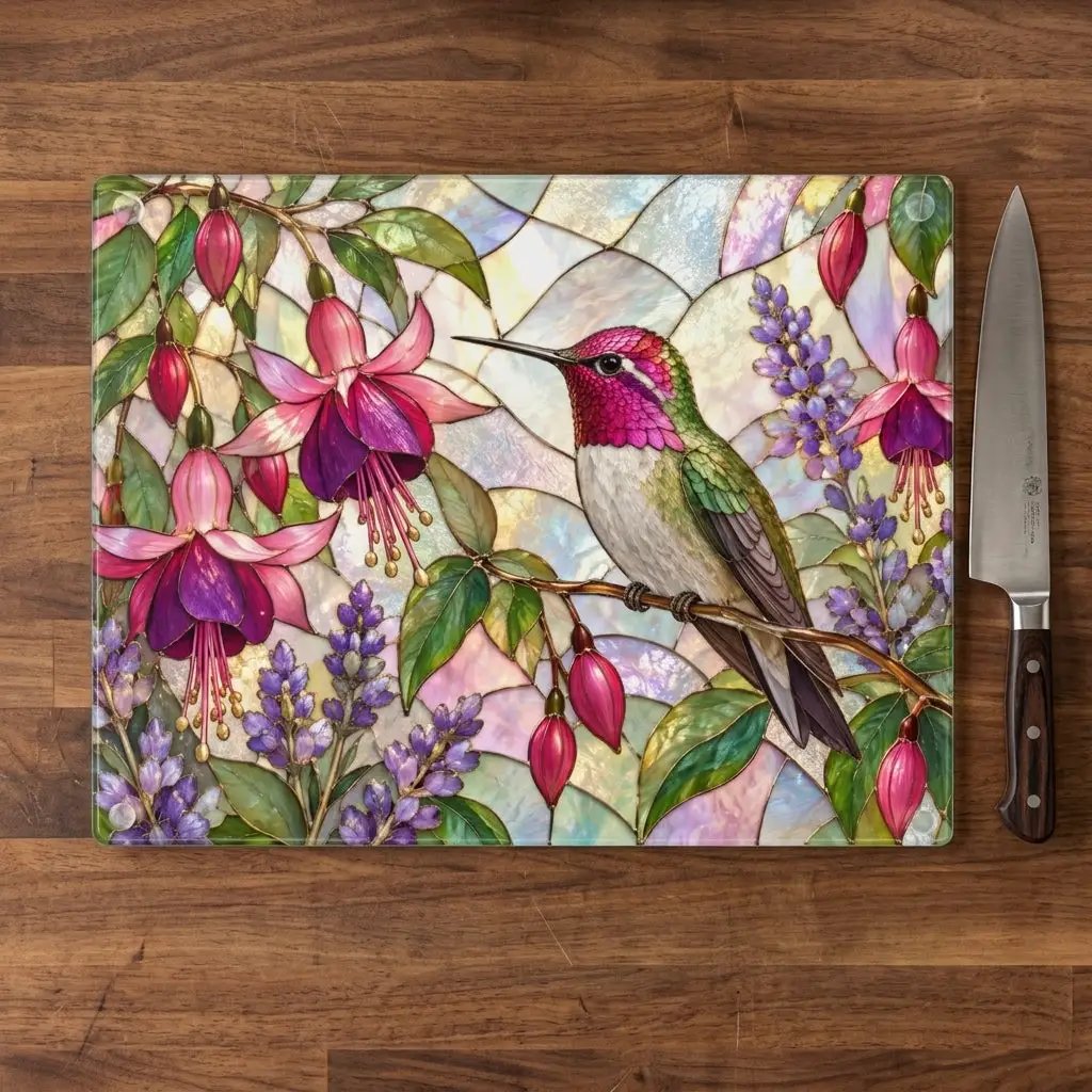 Hummingbird Cutting Board, Stained Glass Hummingbird Decor, Fuchsia Flower Kitchen Decor, Bird Lover Gift, Garden Lover Gift