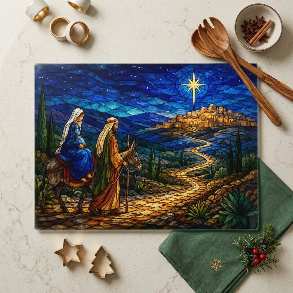 Road to Bethlehem Glass Cutting Board, Christian Christmas Gift, Mary and Joseph Nativity Decor, Religious Christmas Kitchen Decor