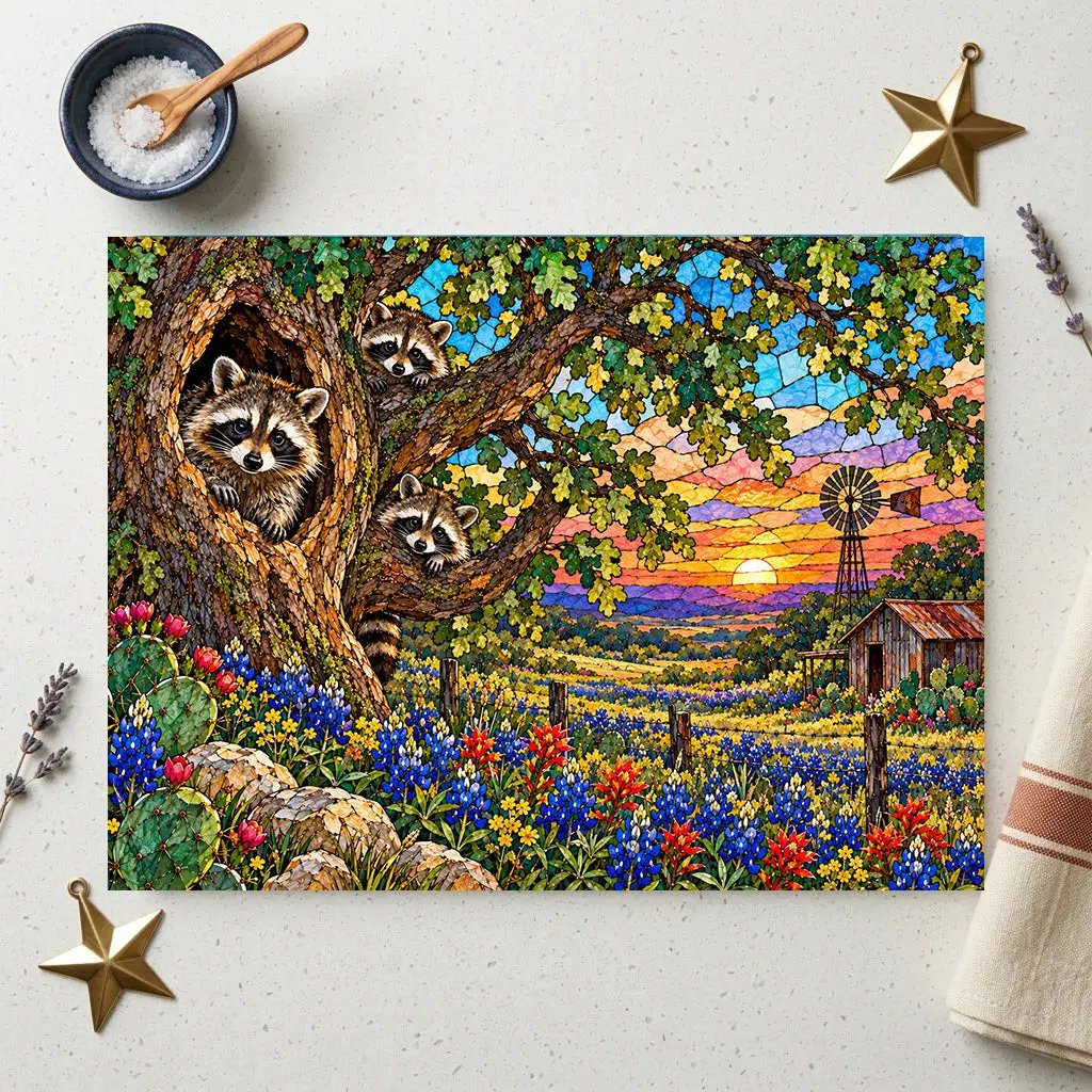 Raccoon Family Glass Cutting Board, Raccoon Lover Gift, Texas Bluebonnet Kitchen Decor, Country Wildlife Cutting Board, Rustic Farmhouse Gift