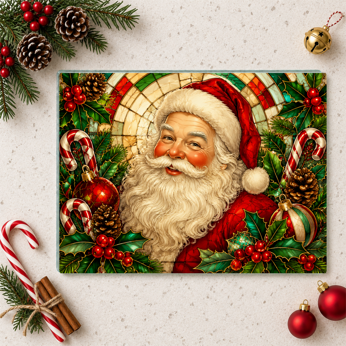 Vintage Santa Glass Cutting Board, Stained Glass Christmas Decor, Santa Claus Kitchen Decor, Holiday Serving Board, Christmas Gift
