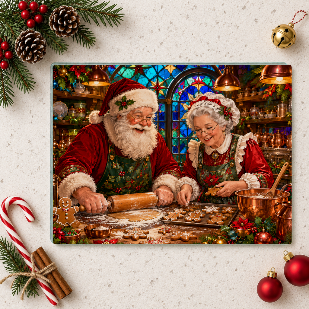 Santa and Mrs Claus Glass Cutting Board, Christmas Baking Decor, Gingerbread Kitchen Decor, Stained Glass Christmas Gift, Holiday Board
