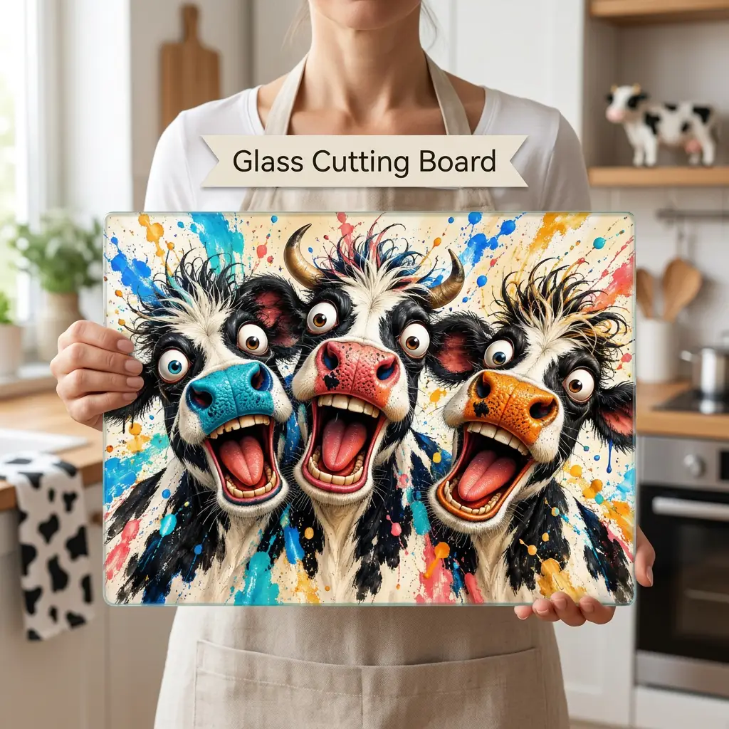 Funny Screaming Cow Glass Cutting Board, Colorful Cow Kitchen Decor, Cow Lover Gift, Funny Farmhouse Gift