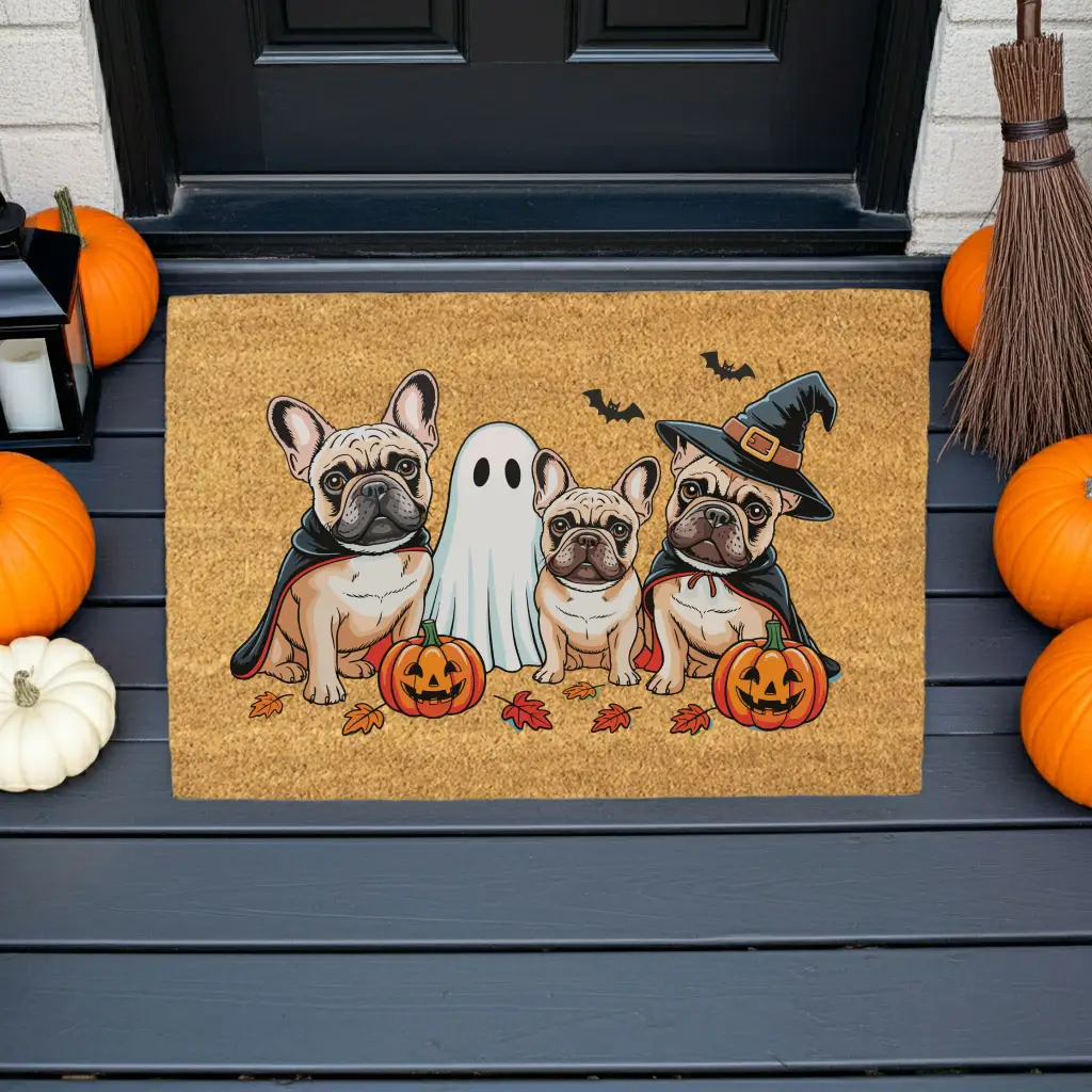 French Bulldog Halloween Doormat, Frenchie Coir Door UV Printed Mat, Cute Halloween Dog Welcome Mat, Spooky French Bulldog Porch Decor, Dog Lover Gift