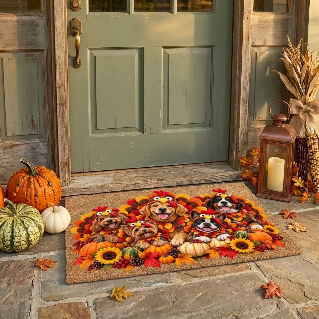 Thanksgiving Dog Doormat, Dogs in Turkey Costumes Coir Mat, Funny Fall Welcome Mat, Dog Lover Gift, Thanksgiving Porch Decor
