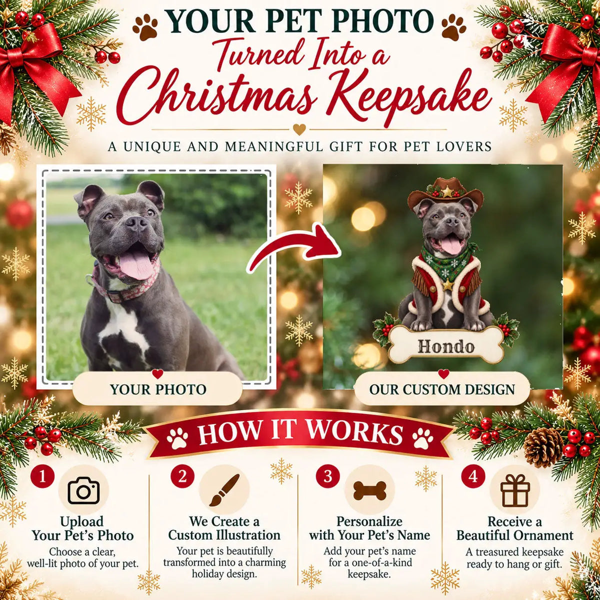 Personalized Cowboy Dog Christmas Ornament from Photo, Custom Pet Portrait Acrylic Cutout, Western Christmas Decor, Dog Lover Gift