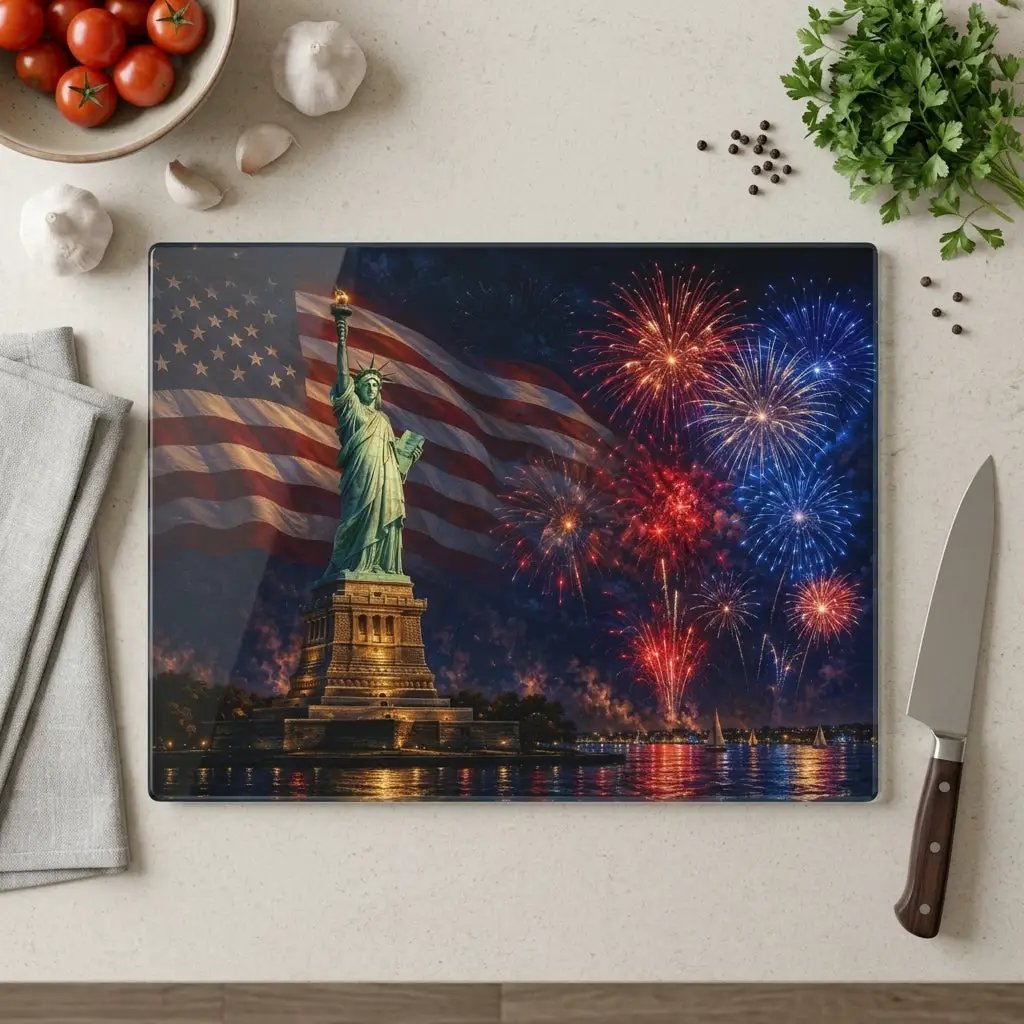 Statue of Liberty Cutting Board, American Flag Glass Cutting Board, 4th of July Kitchen Decor, Patriotic Gift, Americana Decor