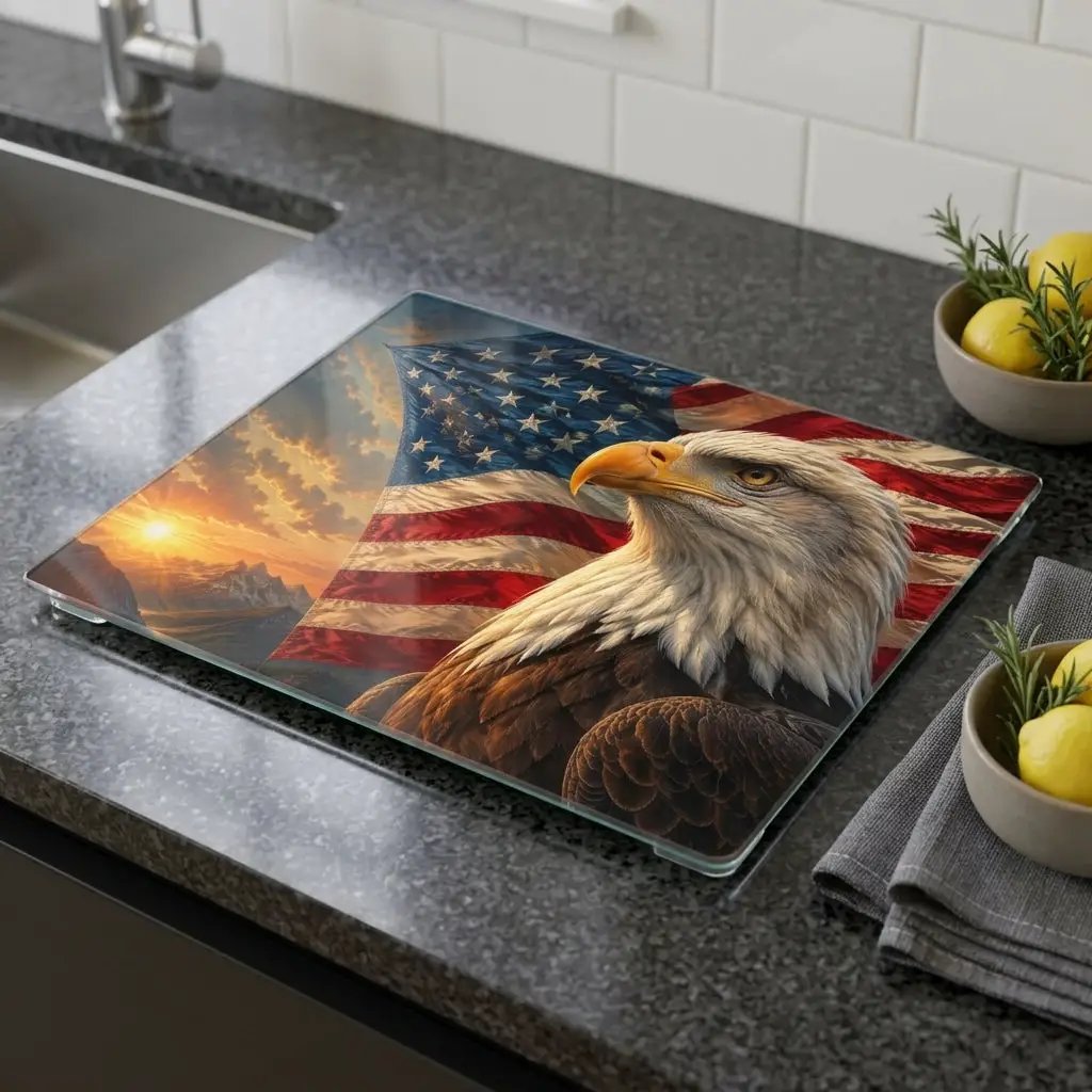Patriotic Eagle Cutting Board, American Flag Glass Cutting Board, Bald Eagle Kitchen Decor, USA Patriotic Gift, Americana Home Decor