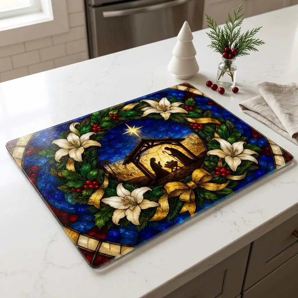 Nativity Glass Cutting Board, Stained Glass Christmas Decor, Holy Family Christian Kitchen Gift, Religious Christmas Cutting Board