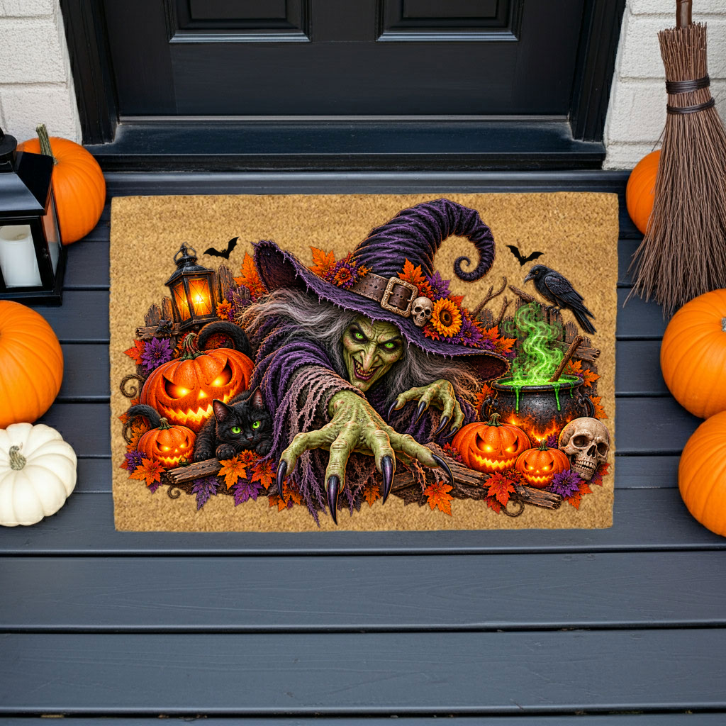 Horror Witch Doormat, Scary Halloween Coir Mat, Creepy Witch & Black Cat Welcome Mat, Pumpkin Porch Decor, Haunted House Door Mat