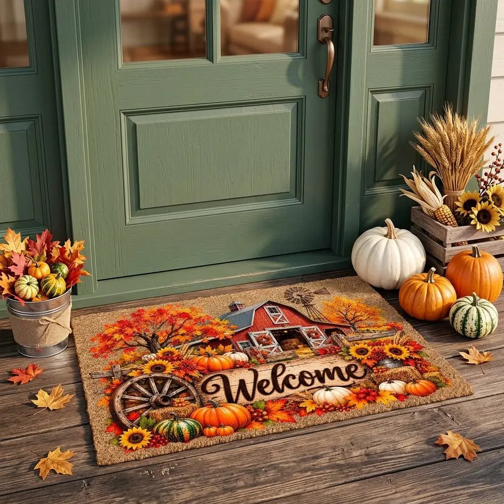 Fall Barn Welcome Doormat, Country Farmhouse Coir Mat, Autumn Pumpkin Door Mat, Harvest Porch Decor, Rustic Thanksgiving Welcome Mat