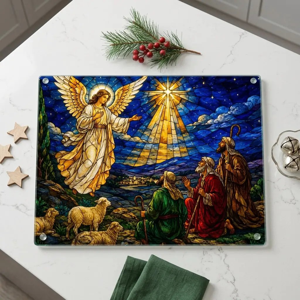 Angel and Shepherds Glass Cutting Board, Christian Christmas Gift, Nativity Kitchen Decor, Religious Christmas Decor, Stained Glass Art