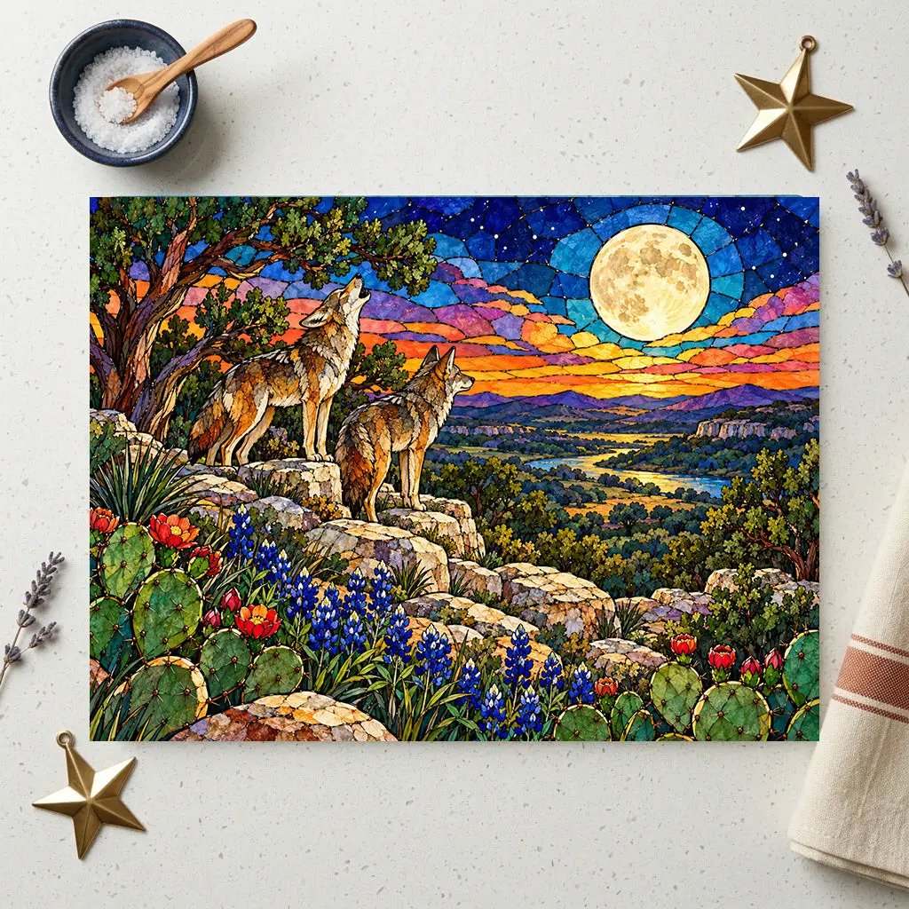 Texas Coyote Glass Cutting Board, Call of the Wild Moonlight Decor, Bluebonnet Kitchen Art, Western Wildlife Gift, Texas Kitchen Decor