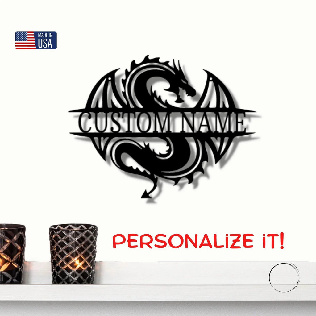 Celtic Dragon Monogram Personalized Name Indoor Outdoor Steel Wall Sign Metal Art