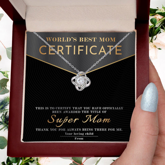 Certificate of World's Best Super Mom Love Knot Necklace - Mallard Moon Gift Shop