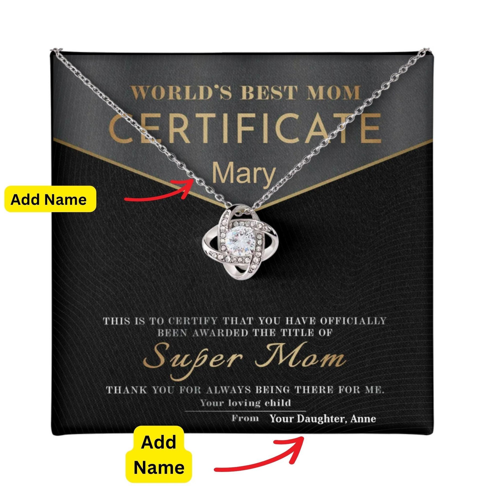 Certificate of World's Best Super Mom Love Knot Necklace - Mallard Moon Gift Shop