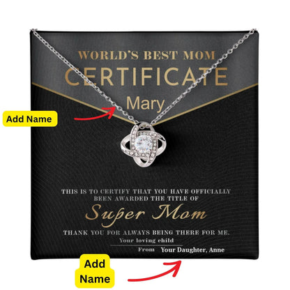 Certificate of World's Best Super Mom Love Knot Necklace - Mallard Moon Gift Shop