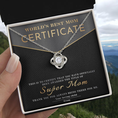 Certificate of World's Best Super Mom Love Knot Necklace - Mallard Moon Gift Shop