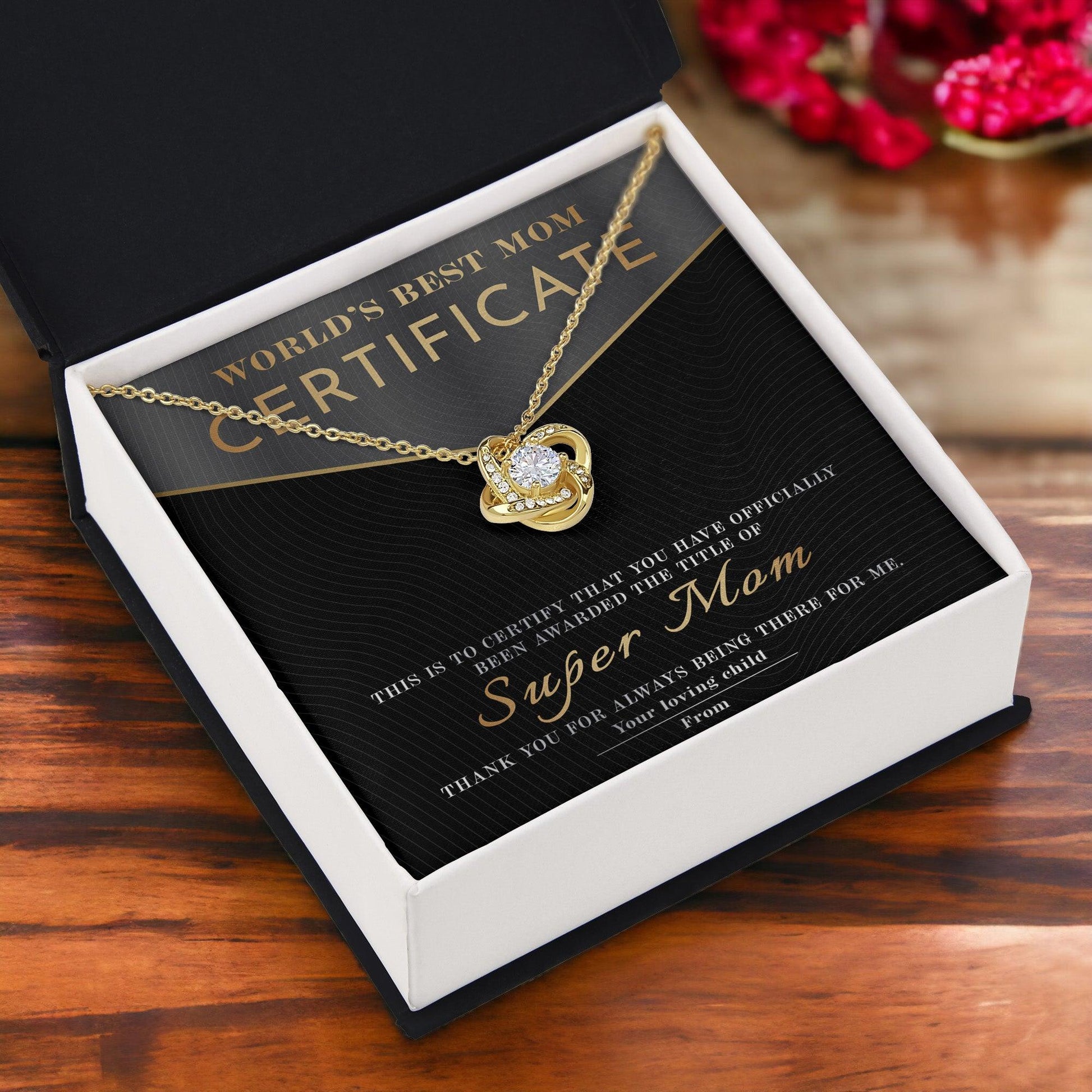 Certificate of World's Best Super Mom Love Knot Necklace - Mallard Moon Gift Shop