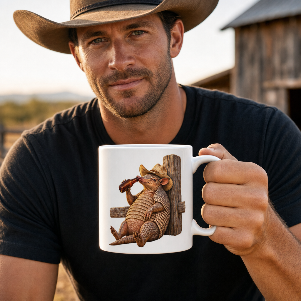 Funny Armadillo Coffee Mug, Texas Cowboy Mug, Beer Drinking Armadillo Gift, Western Coffee Cup, Funny Texas Gift for Him