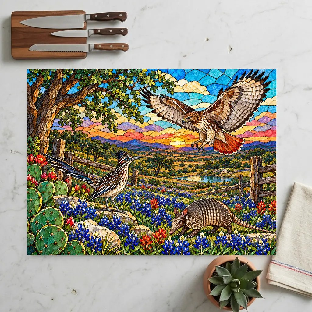 Texas Wildlife Glass Cutting Board, Roadrunner, Armadillo, Hawk Art, Bluebonnet Kitchen Decor, Hill Country Gift, Texas Wildlife Decor
