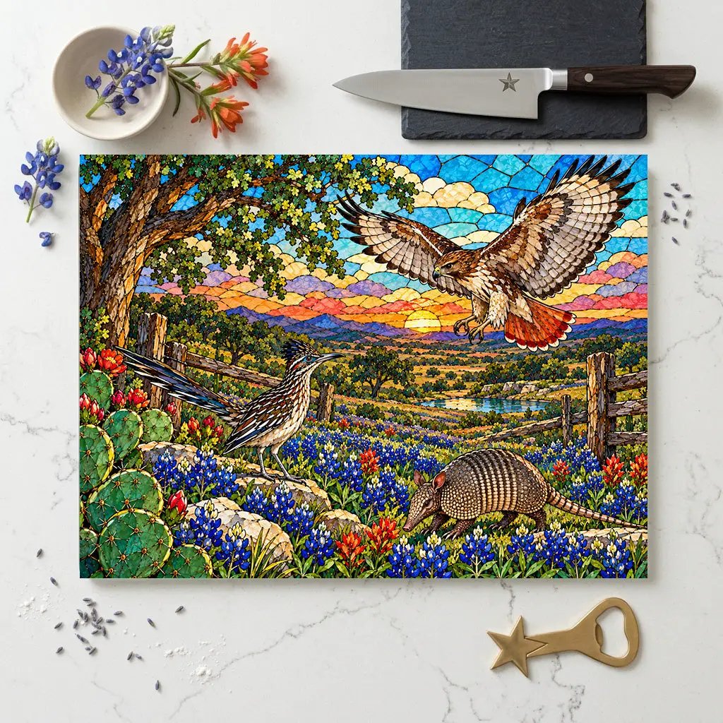 Texas Wildlife Glass Cutting Board, Roadrunner, Armadillo, Hawk Art, Bluebonnet Kitchen Decor, Hill Country Gift, Texas Wildlife Decor