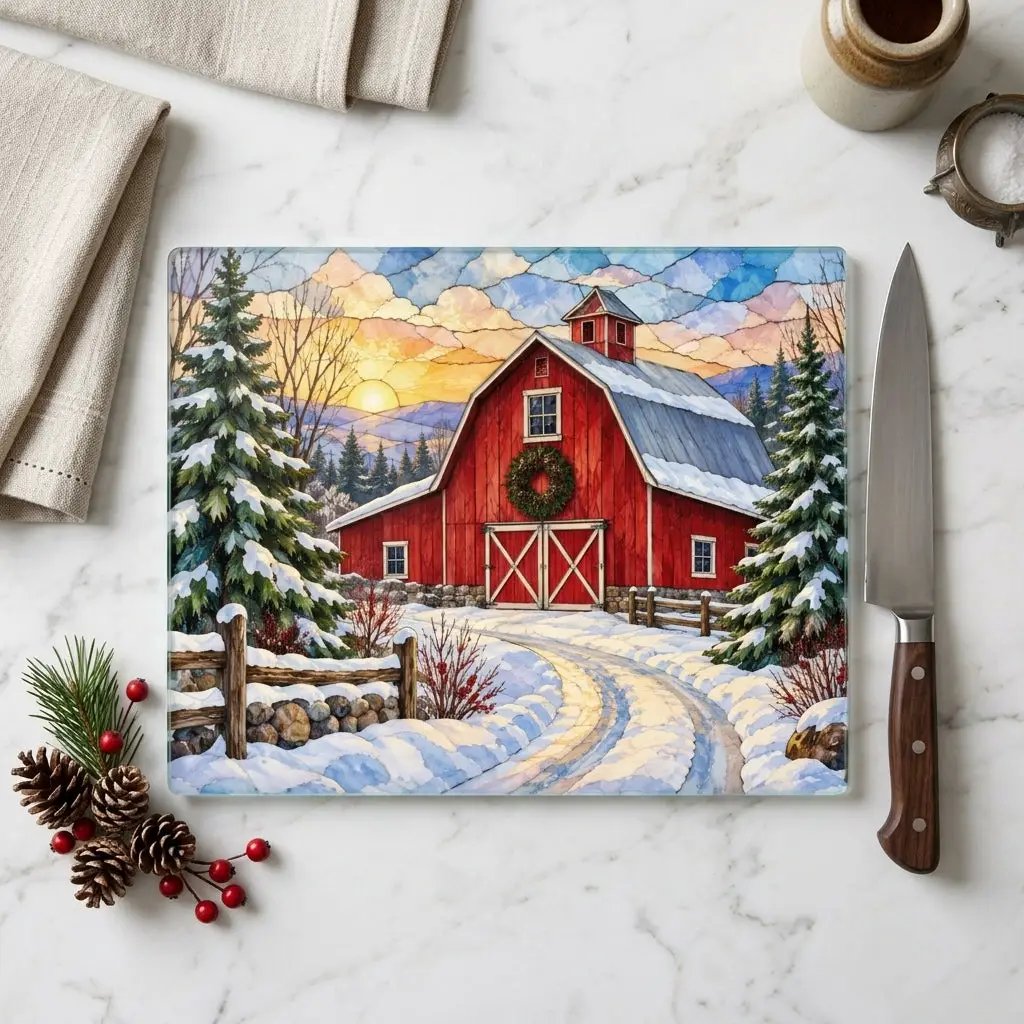 Winter Red Barn Glass Cutting Board, Snowy Country Road Farmhouse Kitchen Decor, Rustic Christmas Barn Gift