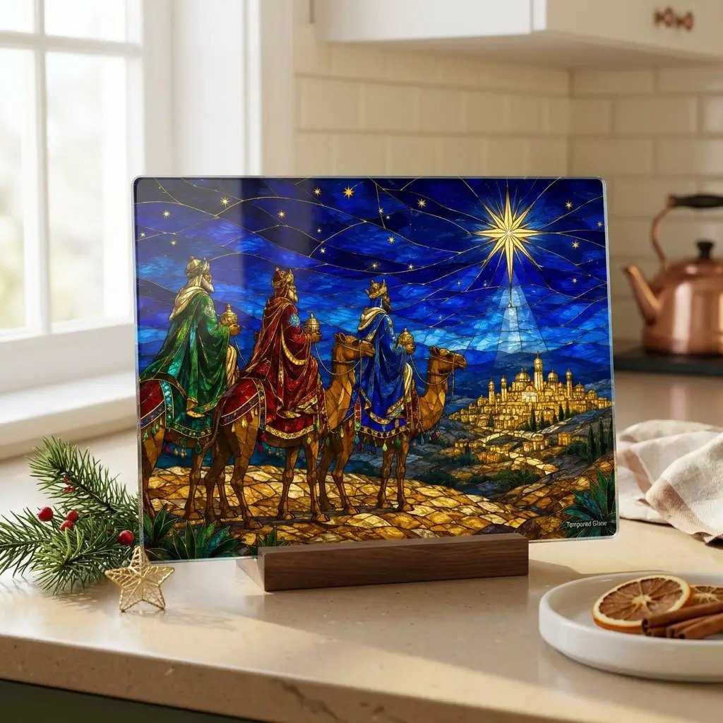 Three Wise Men Glass Cutting Board, Christian Christmas Gift, Magi Star of Bethlehem Decor, Religious Christmas, Stained Glass Art