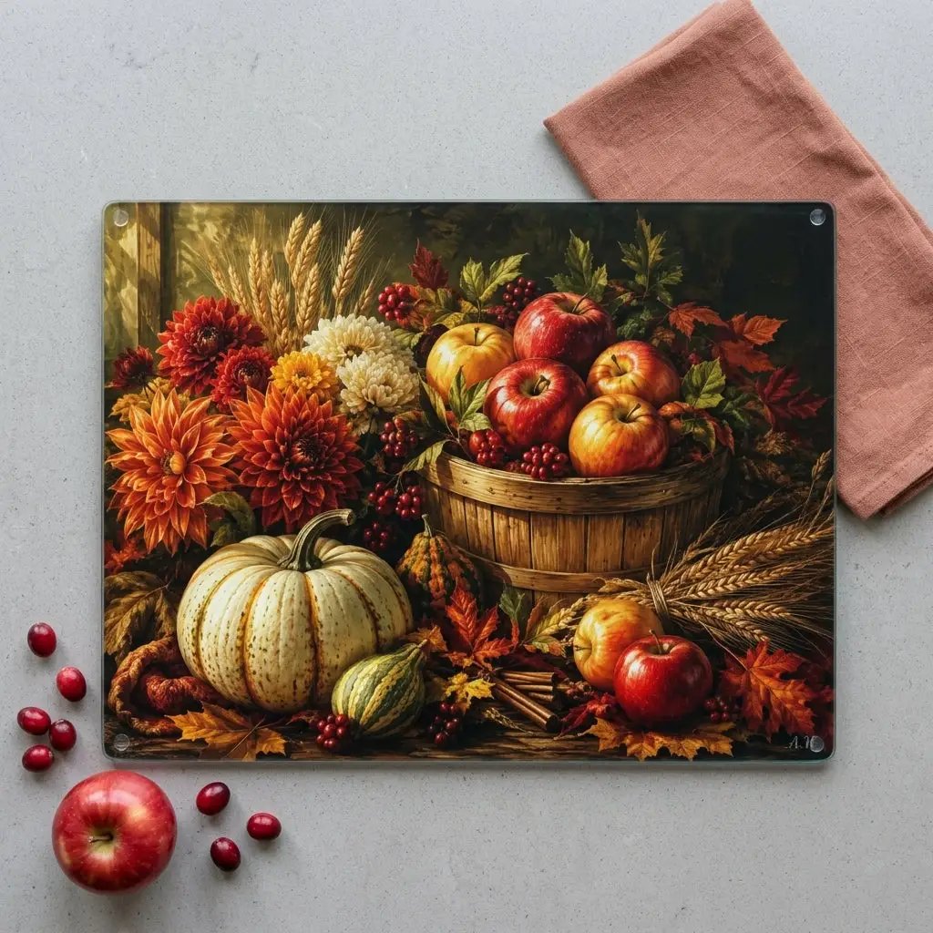Apple Harvest Glass Cutting Board, Fall Farmhouse Kitchen Decor, Pumpkin Apple Cutting Board, Autumn Kitchen Gift