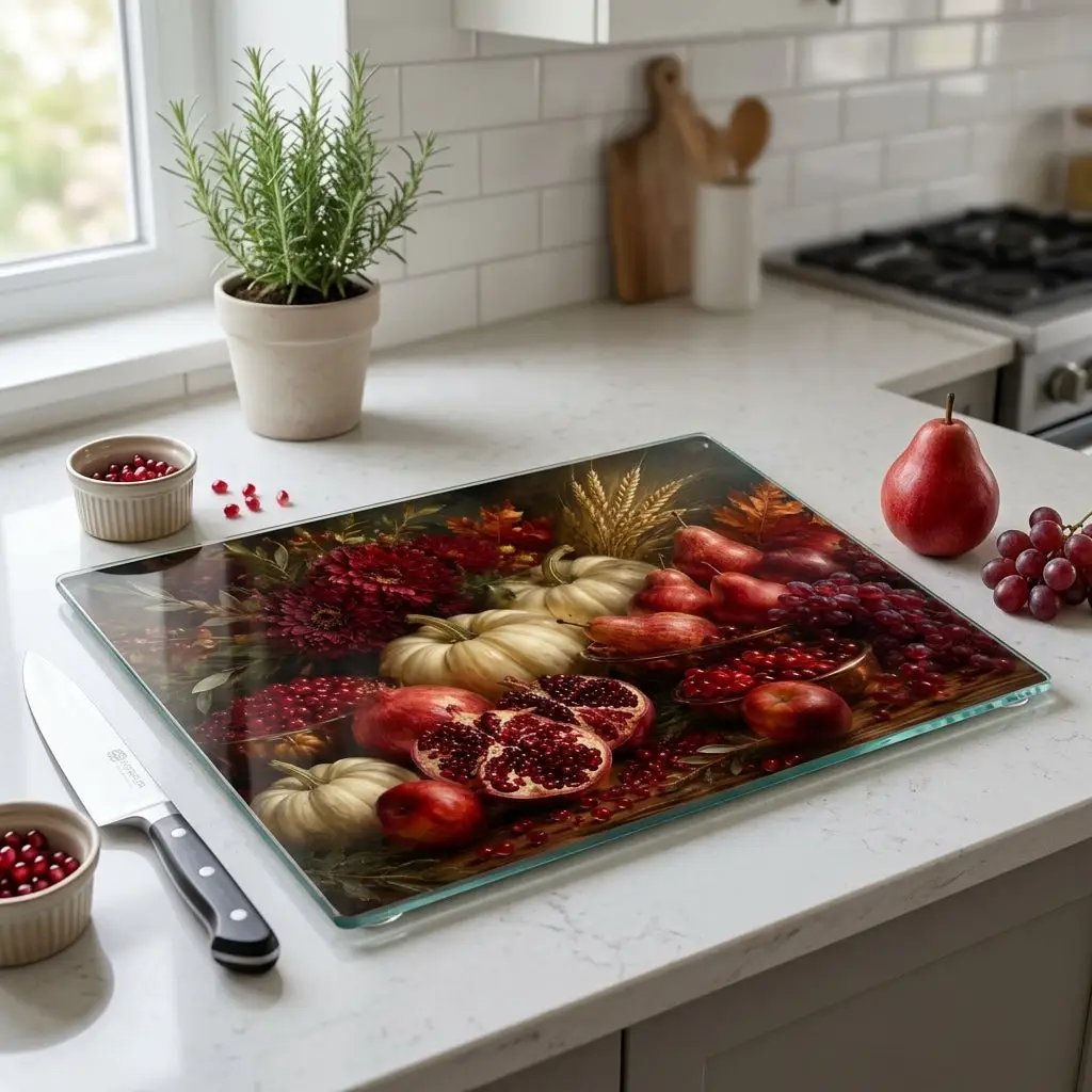 Pomegranate Glass Cutting Board, White Pumpkin Fall Kitchen Decor, Elegant Autumn Cutting Board, Harvest Kitchen Gift