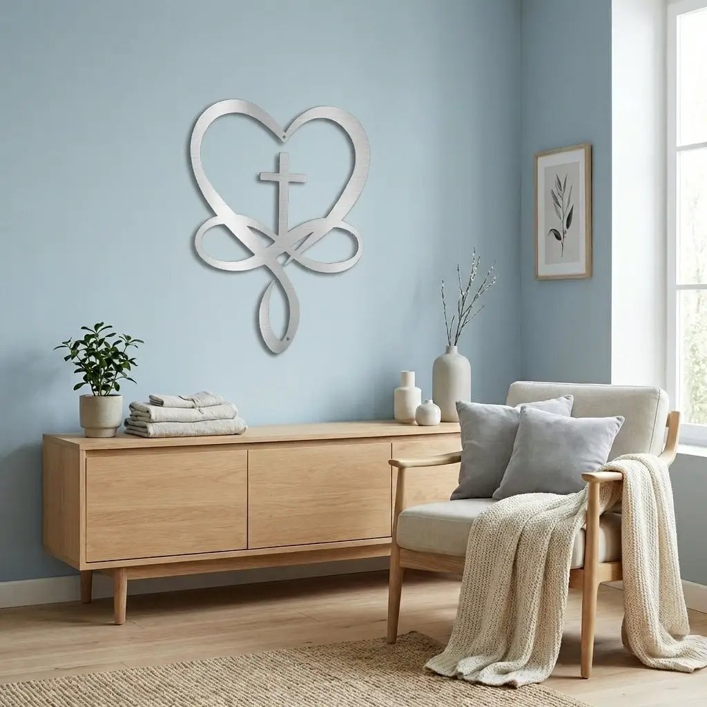Love Infinity Cross Metal Wall Art – Christian Faith Decor, Heart Cross Sign, Religious Home Decor, Laser Cut Steel Wall Hanging, Gift for Christian Family