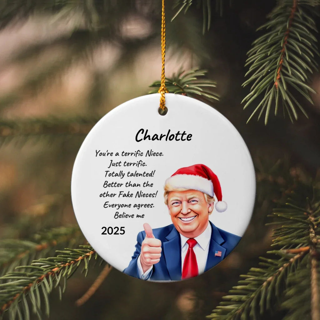 Personalized Nephew - Niece Trump Christmas Ornament – Funny Santa Thumbs-Up Holiday Gift – Custom Name & Year Keepsake for Nephews