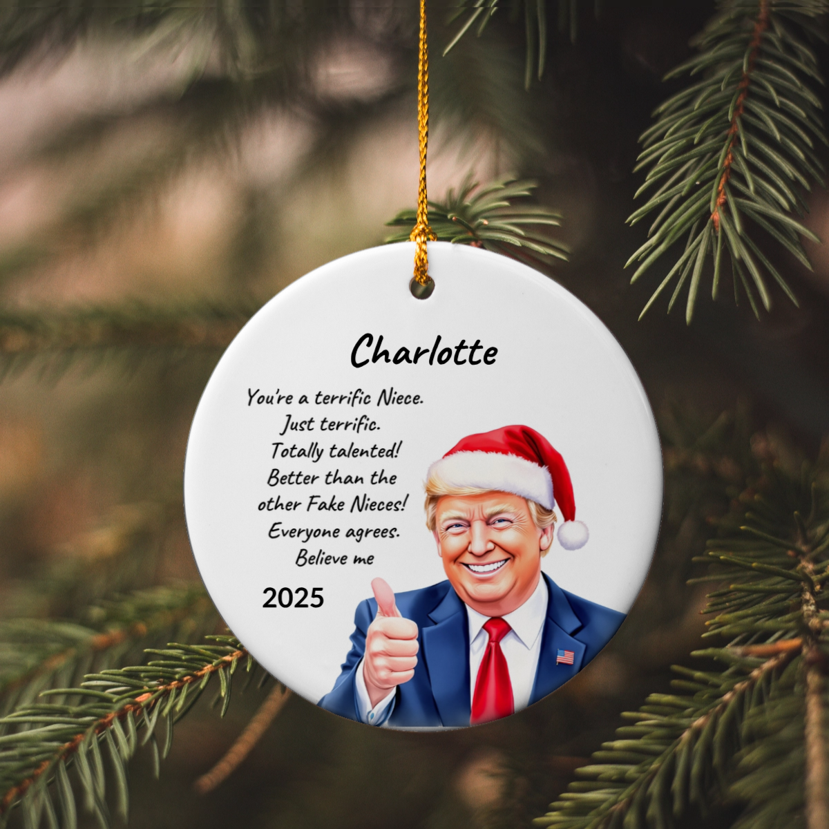 Personalized Trump Christmas Ornament – Funny Santa Thumbs-Up Holiday Gift – Custom Name & Year Keepsake