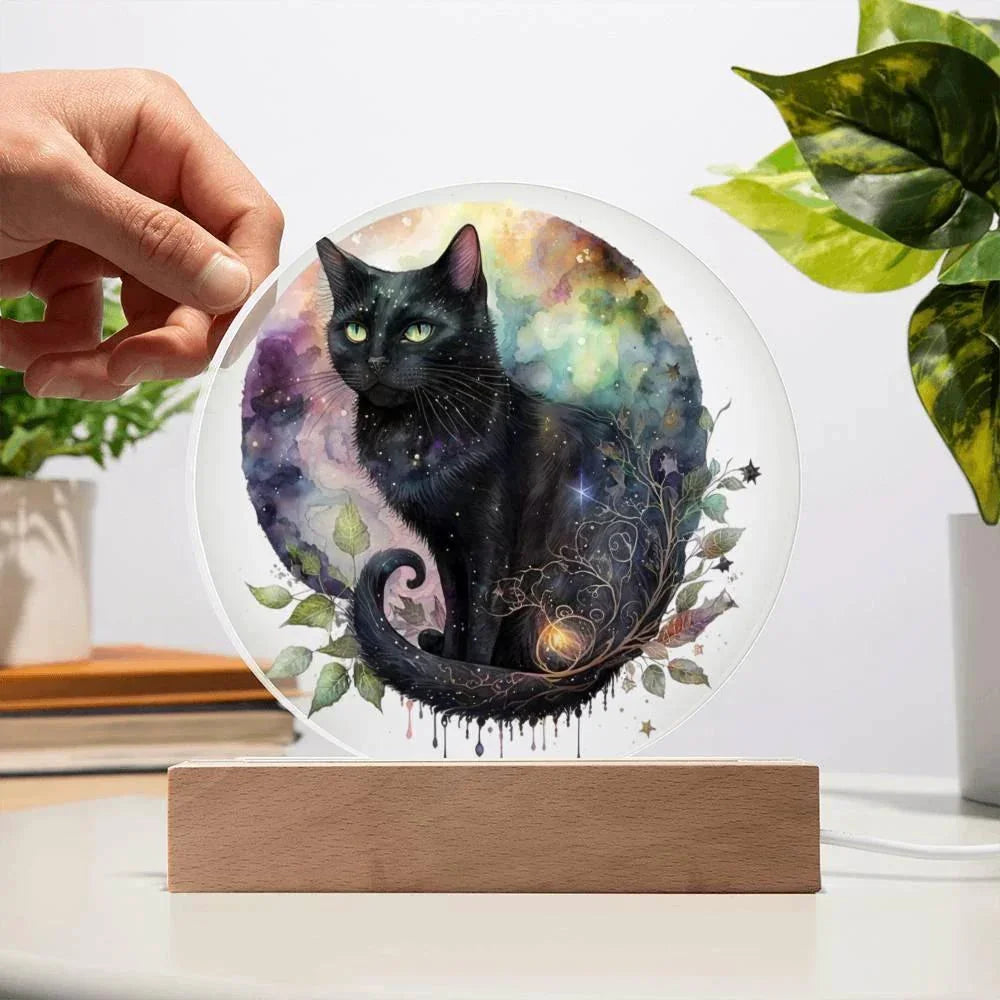 Charming Night Prowler: Black Cat Printed Circle Acrylic Plaque with LED Lighted Wooden Base