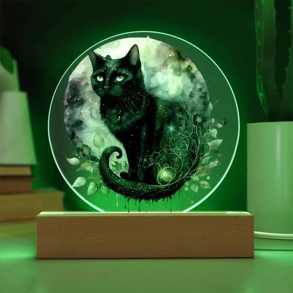 Charming Night Prowler: Black Cat Printed Circle Acrylic Plaque with LED Lighted Wooden Base