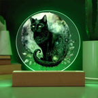 Charming Night Prowler: Black Cat Printed Circle Acrylic Plaque with LED Lighted Wooden Base