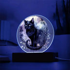 Charming Night Prowler: Black Cat Printed Circle Acrylic Plaque with LED Lighted Wooden Base