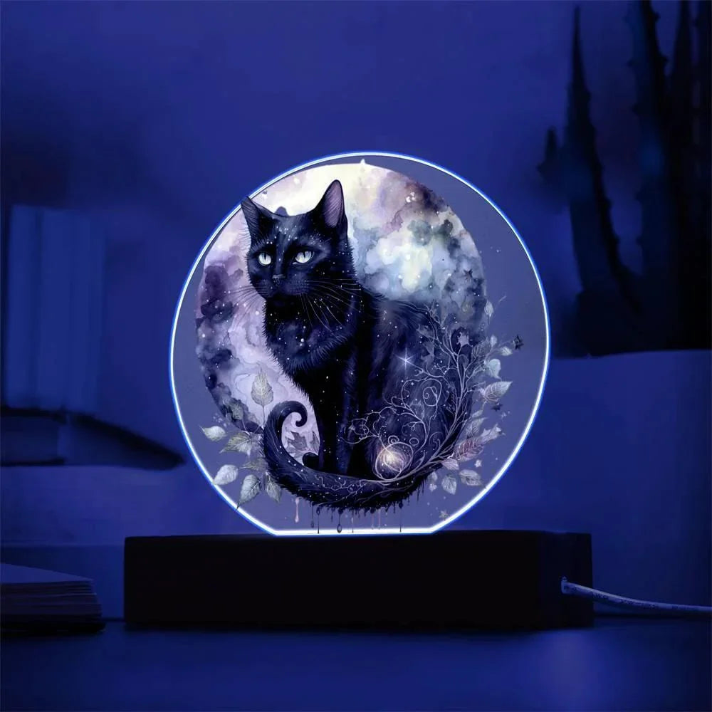 Charming Night Prowler: Black Cat Printed Circle Acrylic Plaque with LED Lighted Wooden Base