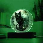 Charming Night Prowler: Black Cat Printed Circle Acrylic Plaque with LED Lighted Wooden Base