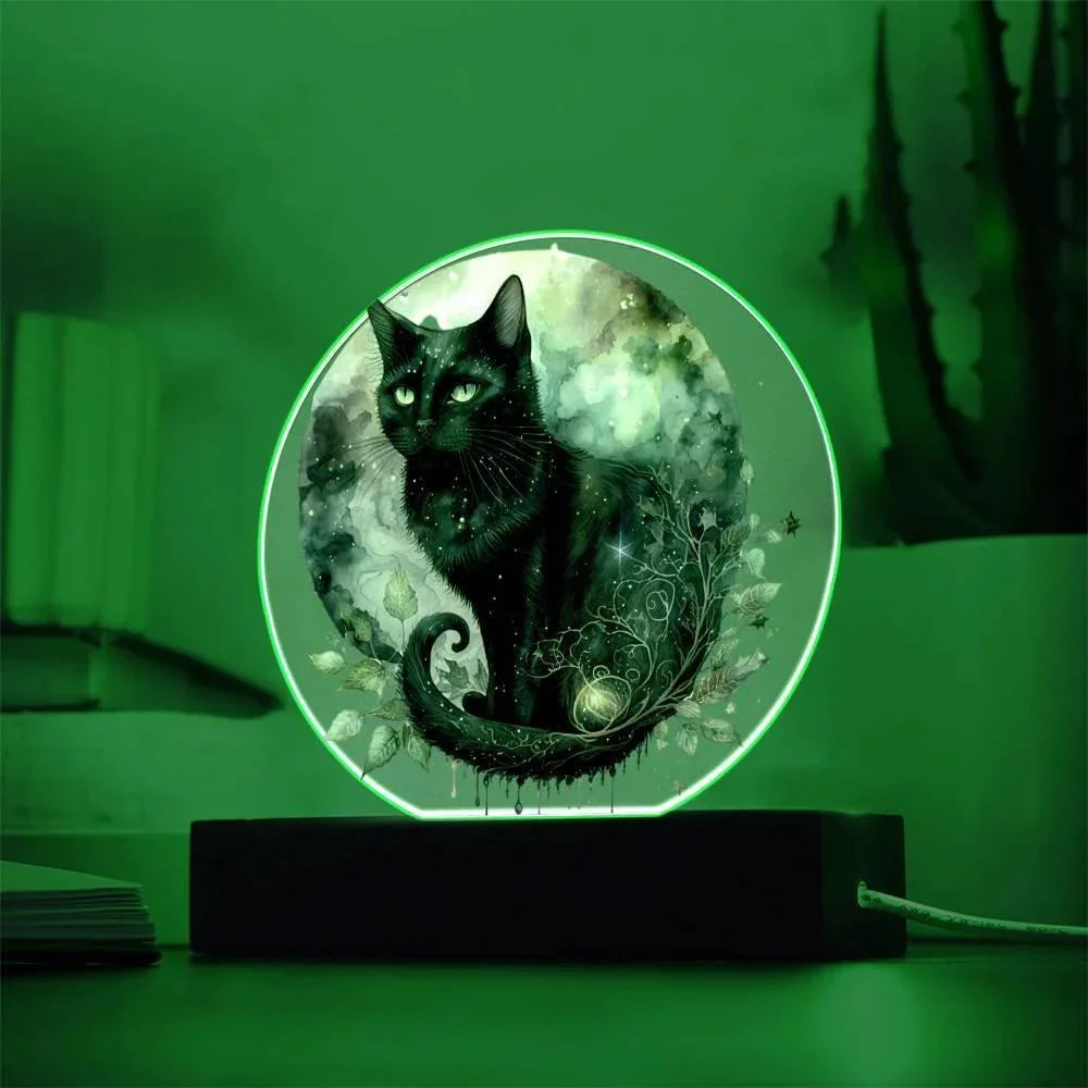 Charming Night Prowler: Black Cat Printed Circle Acrylic Plaque with LED Lighted Wooden Base