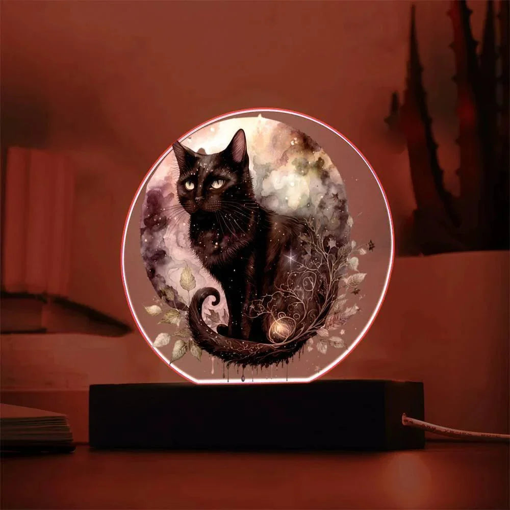 Charming Night Prowler: Black Cat Printed Circle Acrylic Plaque with LED Lighted Wooden Base