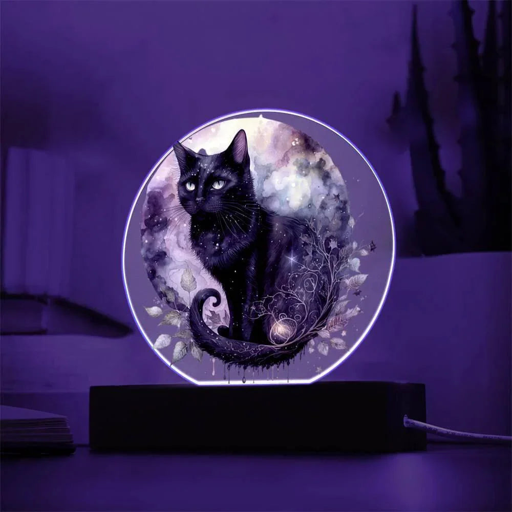 Charming Night Prowler: Black Cat Printed Circle Acrylic Plaque with LED Lighted Wooden Base
