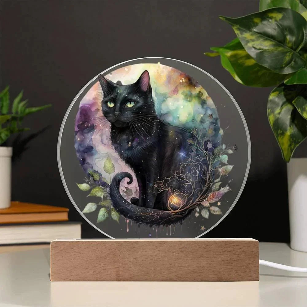 Charming Night Prowler: Black Cat Printed Circle Acrylic Plaque with LED Lighted Wooden Base