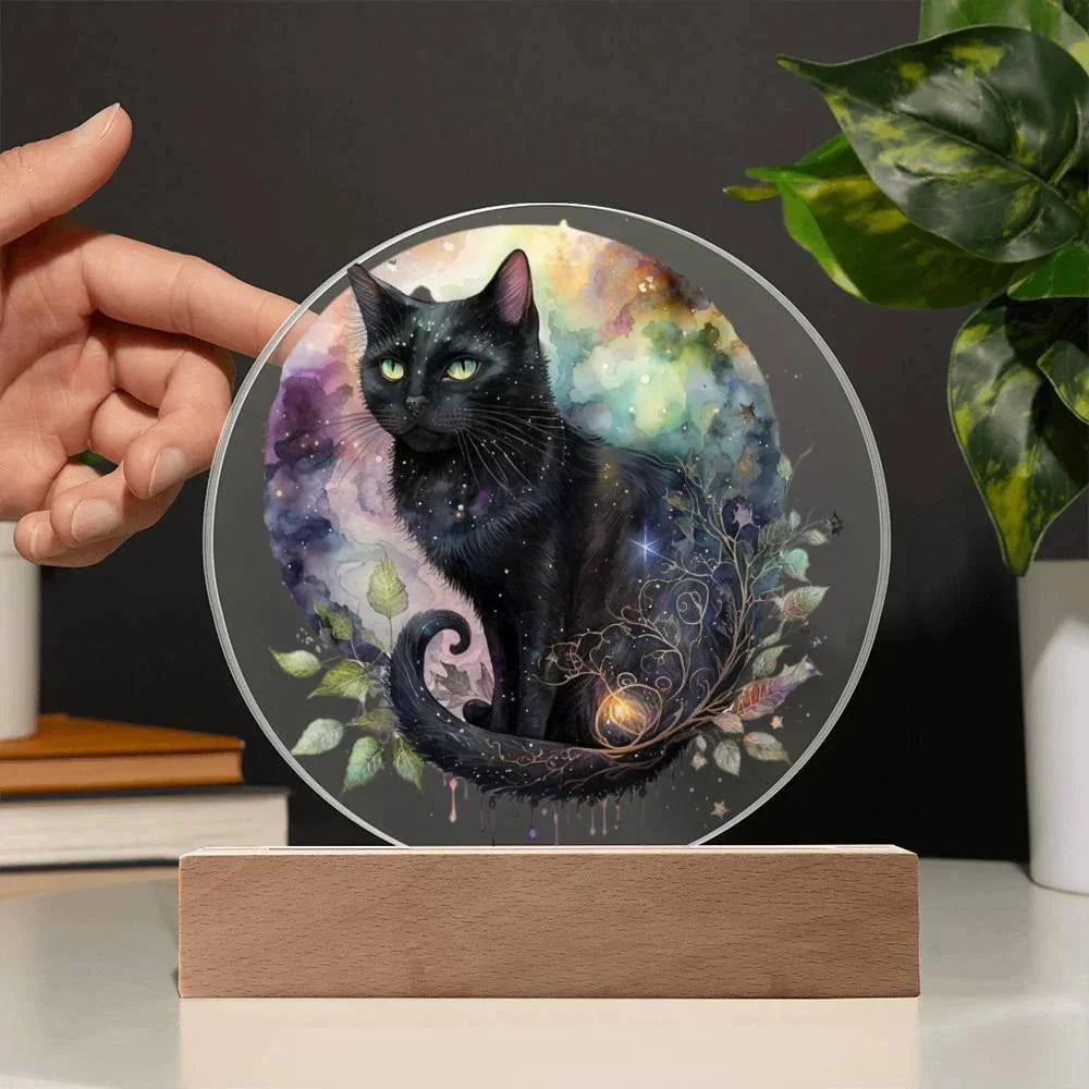 Charming Night Prowler: Black Cat Printed Circle Acrylic Plaque with LED Lighted Wooden Base