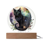 Charming Night Prowler: Black Cat Printed Circle Acrylic Plaque with LED Lighted Wooden Base