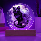 Charming Night Prowler: Black Cat Printed Circle Acrylic Plaque with LED Lighted Wooden Base