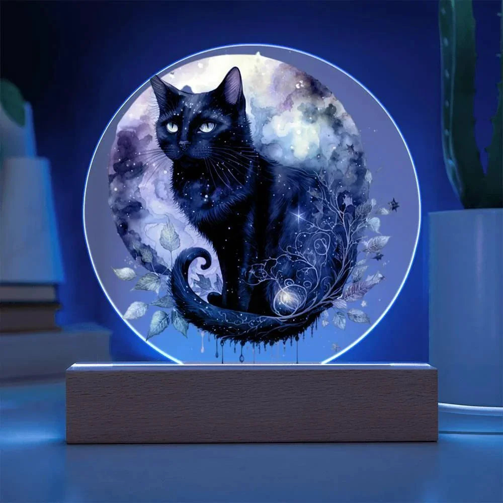 Charming Night Prowler: Black Cat Printed Circle Acrylic Plaque with LED Lighted Wooden Base