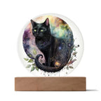 Charming Night Prowler: Black Cat Printed Circle Acrylic Plaque with LED Lighted Wooden Base