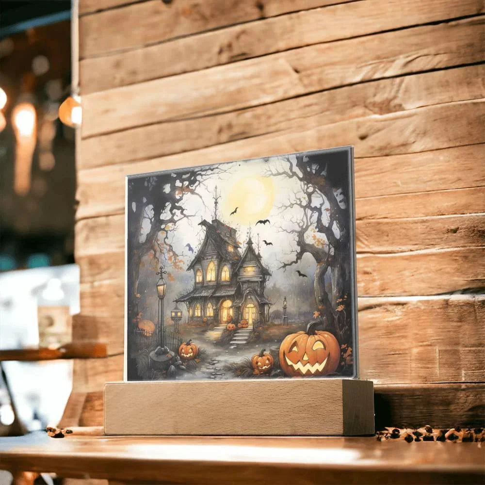 Chilling Manor: Haunted Halloween Mansion Acrylic Square Plaque with LED Lighted Wooden Base