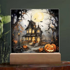 Chilling Manor: Haunted Halloween Mansion Acrylic Square Plaque with LED Lighted Wooden Base