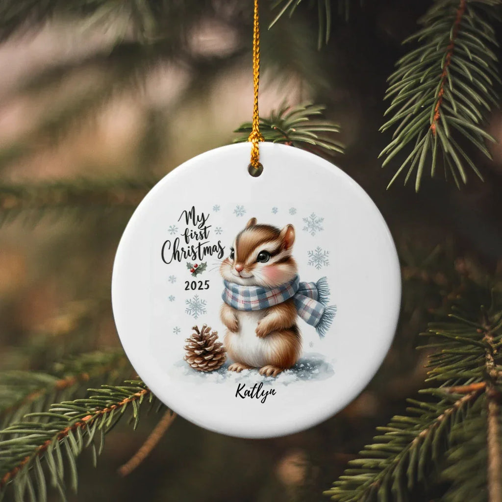 My First Christmas 2025 Chipmunk Ornament – Baby’s First Christmas Keepsake, Cute Newborn Gift, Durable MDF Ornament with Gold Cord